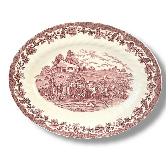 Royal Wessex  14” Oval Serving  Platter England Red Pink Transfer Hunting Scene - Picture 1 of 6